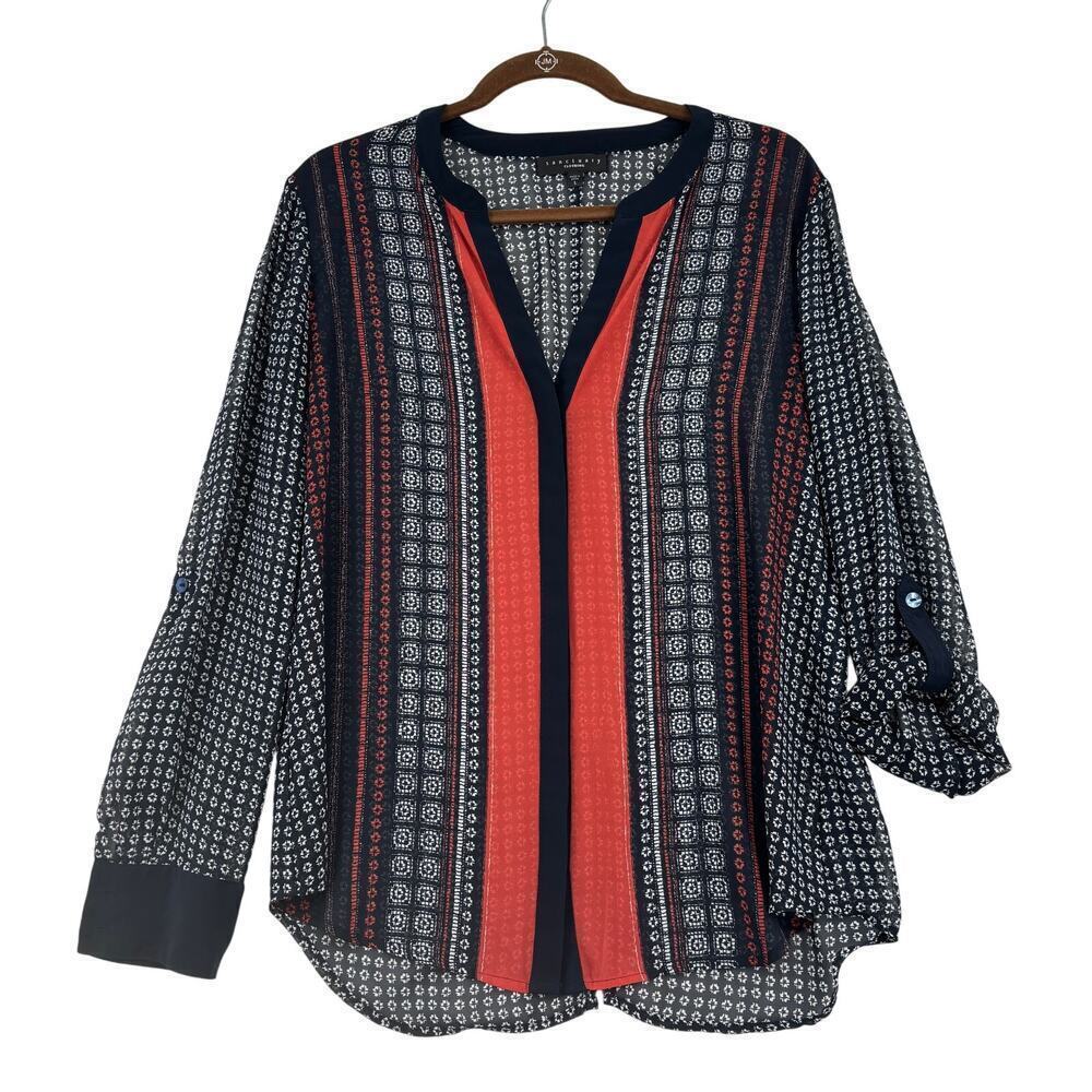 Sanctuary‎ Blouse Size L Blue White Red Sheer Button Up Lightweight Long Sleeve